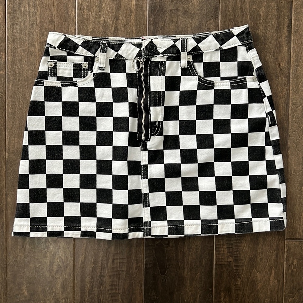 Signature8 Black and White Checkerboard Denim Mini Skirt